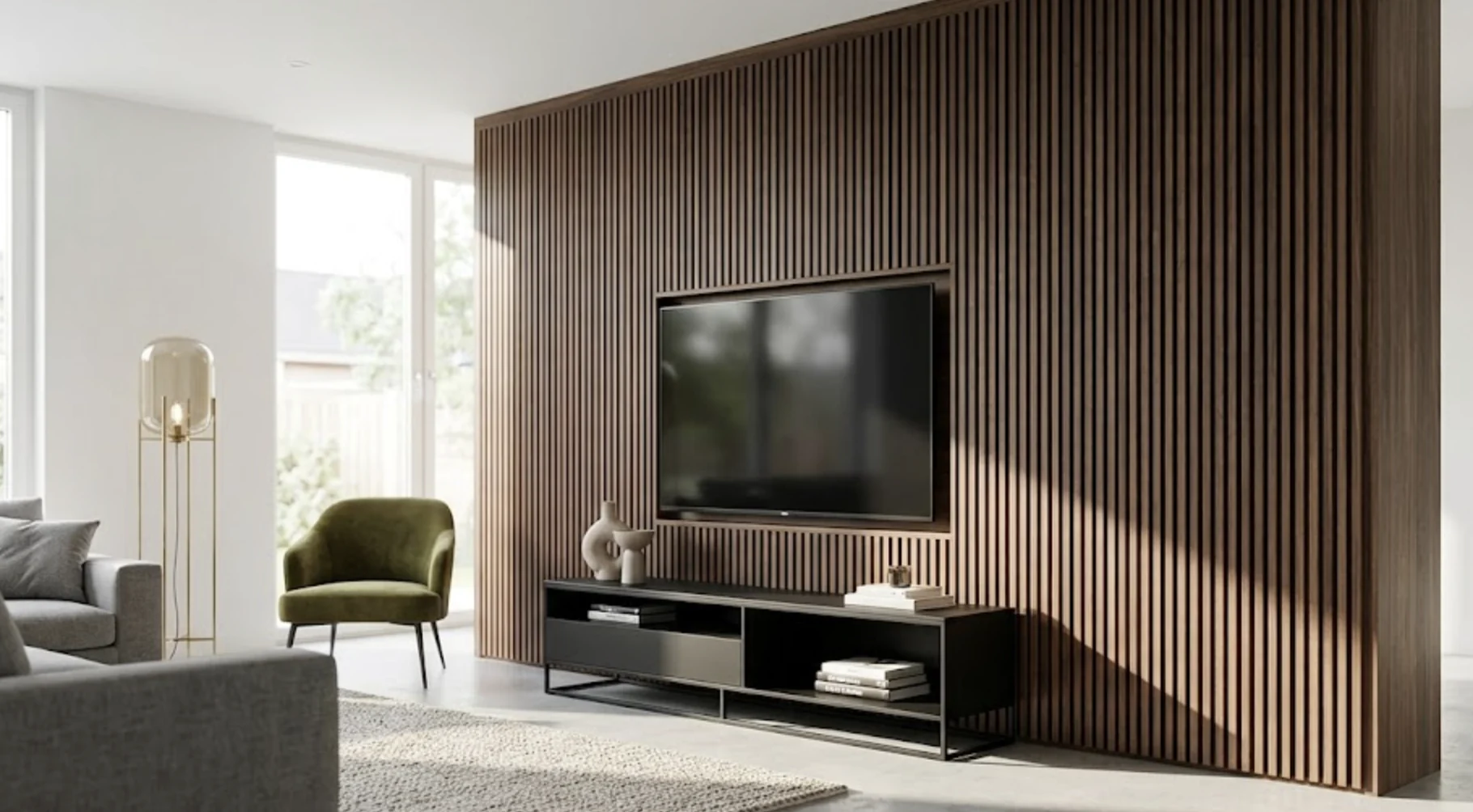 Modern living room with a woodgrain louver feature wall behind the TV unit