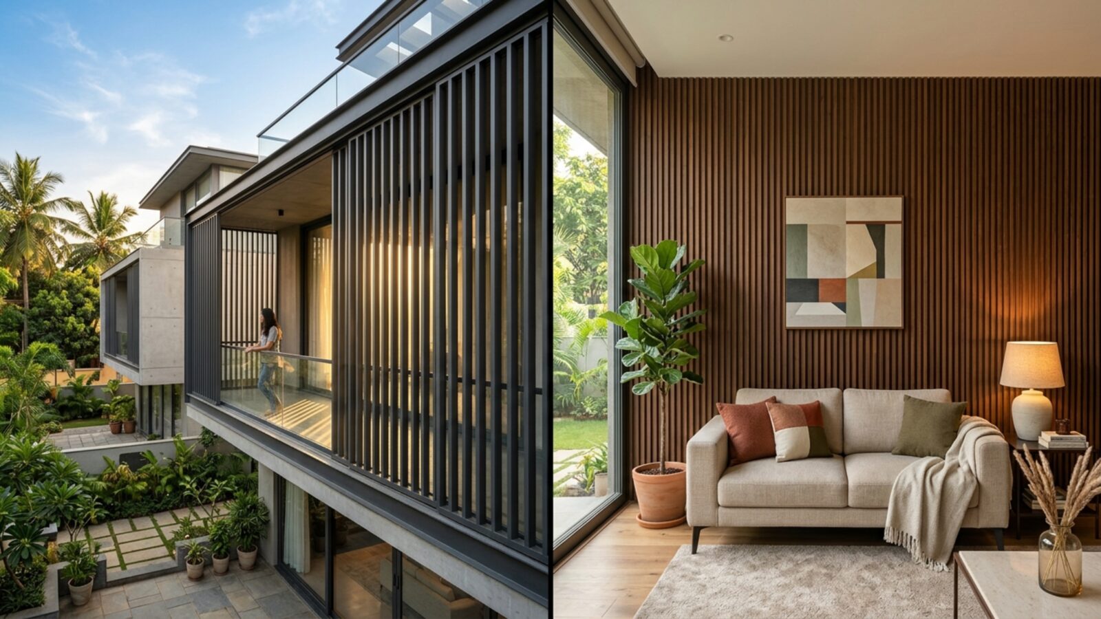 Angled louver slats on a modern building facade controlling light and airflow