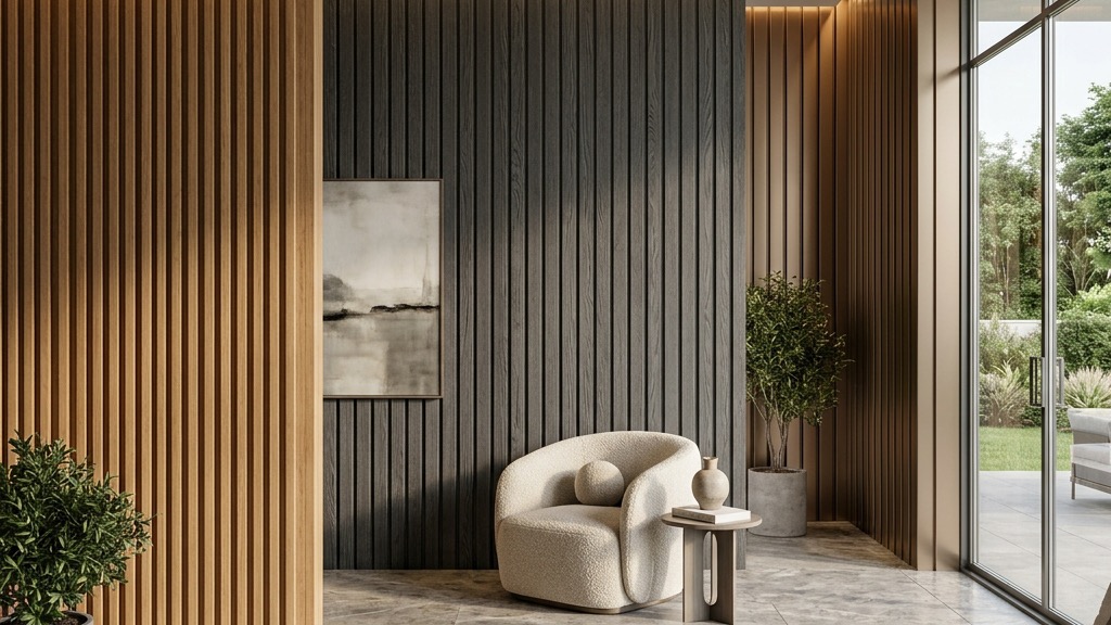 Various types of louver panels displayed on a wall showing different colors and textures